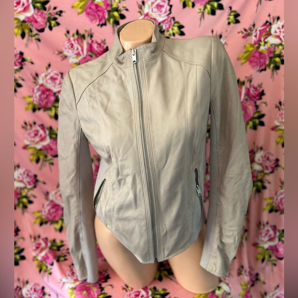 Marc New York mauve tan jacket leather blazer fitted biker work career coat